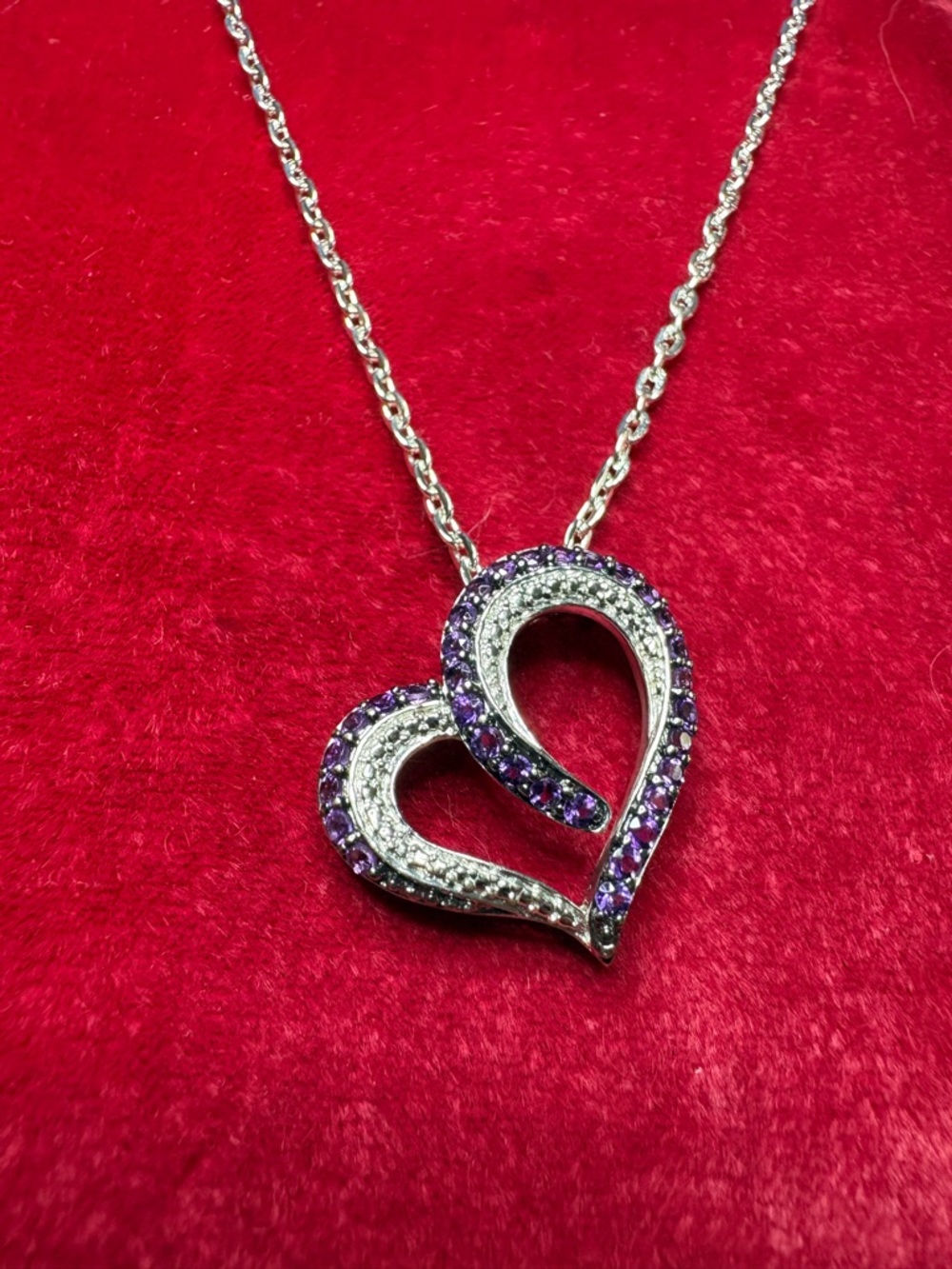 Pendant 925 Sterling Silver Heart Necklace with Purple and Clear CZs